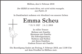 Traueranzeige von Emma Scheu von Alb-Bote/Metzinger-Uracher Volksblatt