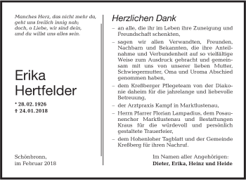 Traueranzeige von Erika Hertfelder von Hohenloher Tagblatt