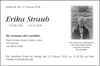 Traueranzeige von Erika Straub von Haller Tagblatt