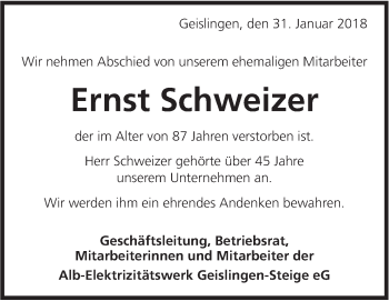 Traueranzeige von Ernst Schweizer von Geislinger Zeitung