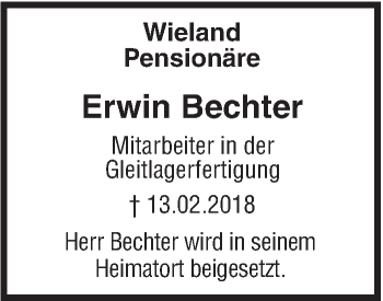 Traueranzeige von Erwin Bechter von SÜDWEST PRESSE Ausgabe Ulm/Neu-Ulm