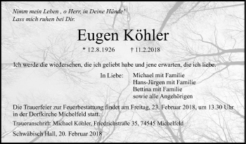 Traueranzeige von Eugen Köhler von Haller Tagblatt