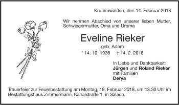 Traueranzeige von Eveline Rieker von NWZ Neue Württembergische Zeitung/Geislinger Zeitung