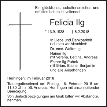 Traueranzeige von Felicia Ilg von SÜDWEST PRESSE Ausgabe Ulm/Neu-Ulm