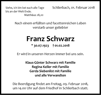 Traueranzeige von Franz Schwarz von NWZ Neue Württembergische Zeitung