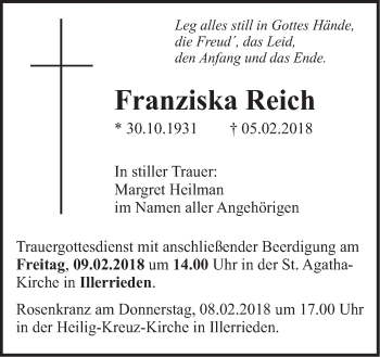 Traueranzeige von Franziska Reich von Illertal Bote