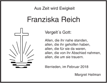 Traueranzeige von Franziska Reich von Illertal Bote