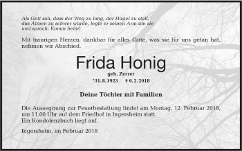 Traueranzeige von Frida Honig von Hohenloher Tagblatt