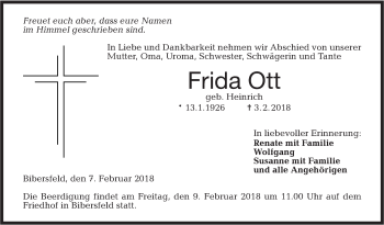 Traueranzeige von Frida Ott von Haller Tagblatt