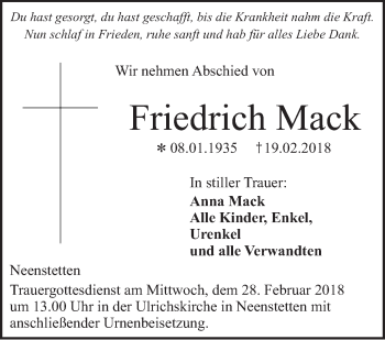 Traueranzeige von Friedrich Mack von SÜDWEST PRESSE Ausgabe Ulm/Neu-Ulm