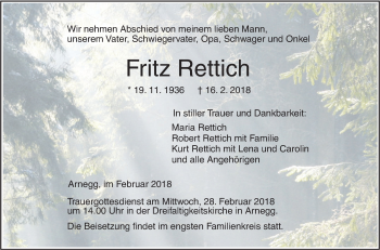 Traueranzeige von Fritz Rettich von SÜDWEST PRESSE Ausgabe Ulm/Neu-Ulm