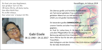 Traueranzeige von Gabi Eisele von Hohenzollerische Zeitung