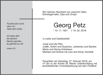 Traueranzeige von Georg Petz von SÜDWEST PRESSE Ausgabe Ulm/Neu-Ulm