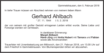 Traueranzeige von Gerhard Ahlbach von NWZ Neue Württembergische Zeitung