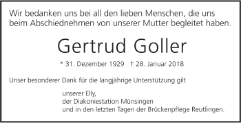 Traueranzeige von Gertrud Goller von Alb-Bote/Metzinger-Uracher Volksblatt