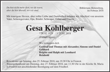 Traueranzeige von Gesa Kohlberger von Haller Tagblatt