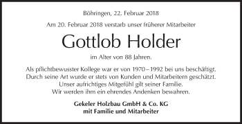 Traueranzeige von Gottlob Holder von Metzinger-Uracher Volksblatt