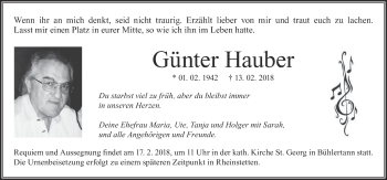 Traueranzeige von Günter Hauber von Haller Tagblatt