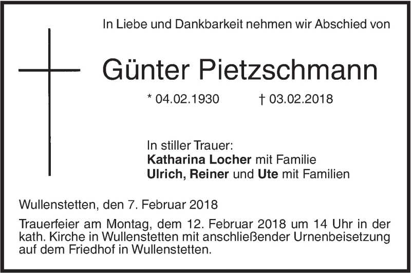  Traueranzeige für Günter Pietzschmann vom 07.02.2018 aus SÜDWEST PRESSE Ausgabe Ulm/Neu-Ulm