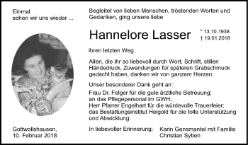 Traueranzeige von Hannelore Lasser von Haller Tagblatt