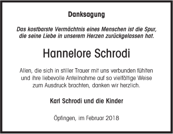 Traueranzeige von Hannelore Schrodi von Ehinger Tagblatt