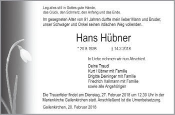 Traueranzeige von Hans Hübner von Haller Tagblatt