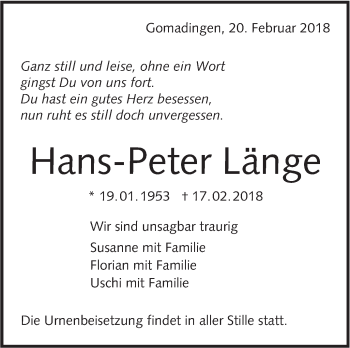 Traueranzeige von Hans-Peter Länge von Alb-Bote/Metzinger-Uracher Volksblatt