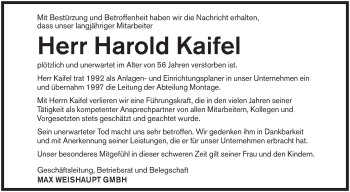 Traueranzeige von Harold Kaifel von SÜDWEST PRESSE Ausgabe Ulm/Neu-Ulm