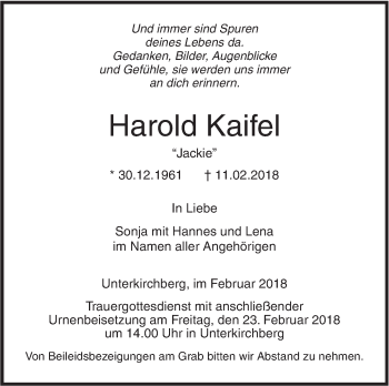 Traueranzeige von Harold Kaifel von SÜDWEST PRESSE Ausgabe Ulm/Neu-Ulm