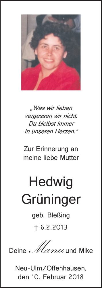  Traueranzeige für Hedwig Grüninger vom 10.02.2018 aus SÜDWEST PRESSE Ausgabe Ulm/Neu-Ulm