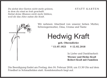 Traueranzeige von Hedwig Kraft von Hohenloher Tagblatt