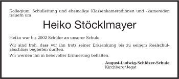 Traueranzeige von Heiko Stöcklmayer von Hohenloher Tagblatt