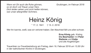 Traueranzeige von Heinz König von NWZ Neue Württembergische Zeitung/Geislinger Zeitung