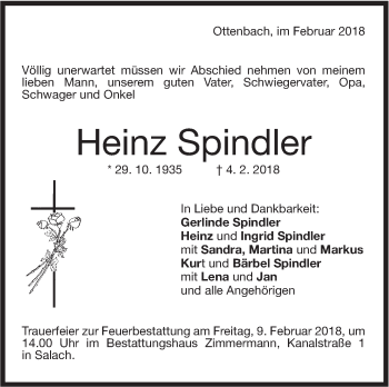 Traueranzeige von Heinz Spindler von NWZ Neue Württembergische Zeitung