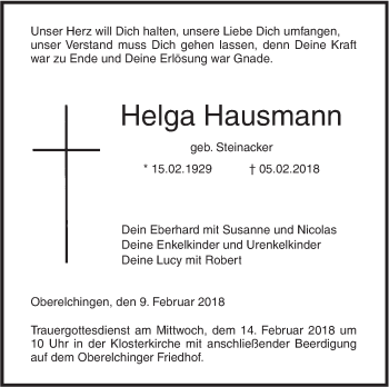 Traueranzeige von Helga Hausmann von SÜDWEST PRESSE Ausgabe Ulm/Neu-Ulm