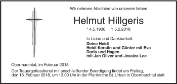 Traueranzeige von Helmut Hillgeris von Ehinger Tagblatt