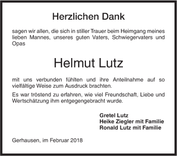 Traueranzeige von Helmut Lutz von SÜDWEST PRESSE Ausgabe Ulm/Neu-Ulm