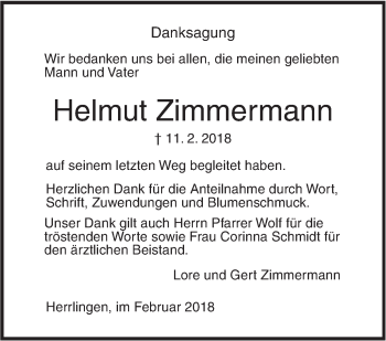 Traueranzeige von Helmut Zimmermann von SÜDWEST PRESSE Ausgabe Ulm/Neu-Ulm