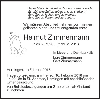 Traueranzeige von Helmut Zimmermann von SÜDWEST PRESSE Ausgabe Ulm/Neu-Ulm