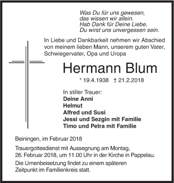 Traueranzeige von Hermann Blum von SÜDWEST PRESSE Ausgabe Ulm/Neu-Ulm