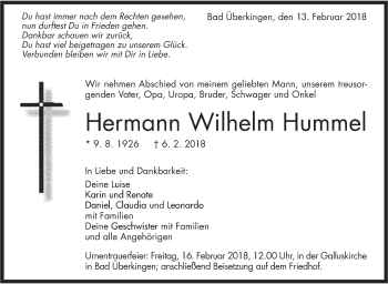 Traueranzeige von Hermann Wilhelm Hummel von Geislinger Zeitung