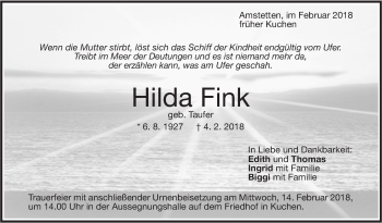 Traueranzeige von Hilda Fink von Geislinger Zeitung