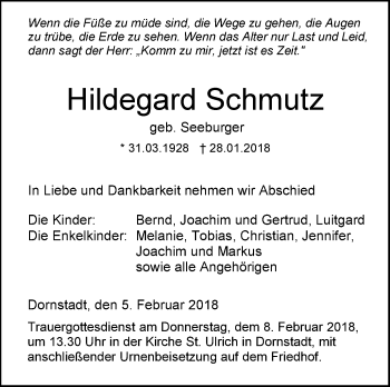 Traueranzeige von Hildegard Schmutz von SÜDWEST PRESSE Ausgabe Ulm/Neu-Ulm