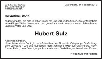 Traueranzeige von Hubert Sulz von Metzinger-Uracher Volksblatt