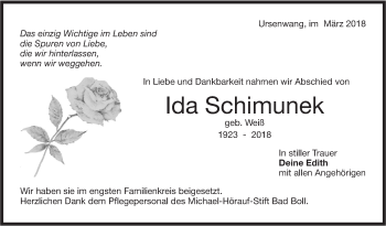 Traueranzeige von Ida Schimunek von NWZ Neue Württembergische Zeitung