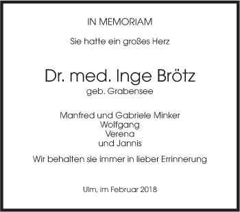 Traueranzeige von Inge Brötz von SÜDWEST PRESSE Ausgabe Ulm/Neu-Ulm