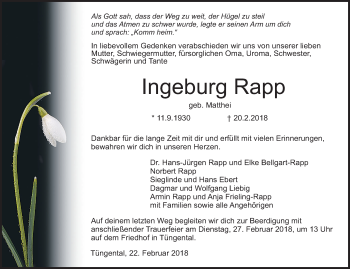 Traueranzeige von Ingeburg Rapp von Haller Tagblatt