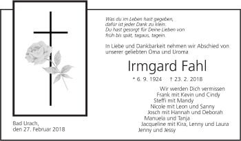 Traueranzeige von Irmgard Fahl von Metzinger-Uracher Volksblatt