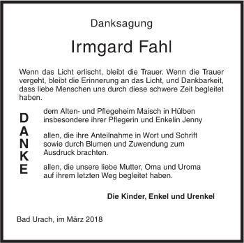 Traueranzeige von Irmgard Fahl von Metzinger-Uracher Volksblatt