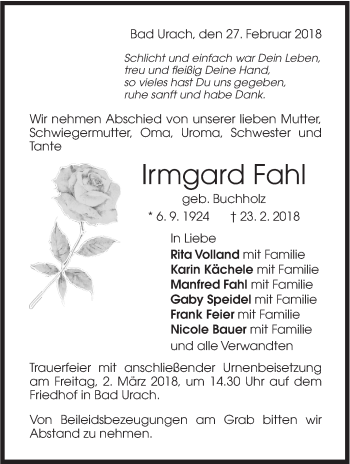 Traueranzeige von Irmgard Fahl von Metzinger-Uracher Volksblatt